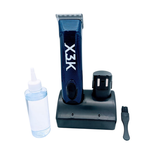 The X3K SE Cordless Pet Grooming Clipper - 2 Battery Pack features a quiet motor, charging base, cleaning oil, and brush—ideal for grooming dogs and horses. All accessories shown on a white background.