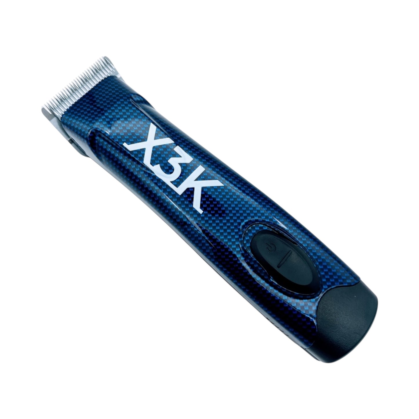 A close-up of the X3K SE Cordless Pet Grooming Clipper - 2 Battery Pack, featuring a blue and black carbon fiber design with a quiet high-performance motor and metal blades—ideal for grooming dogs and horses—shown isolated on white.
