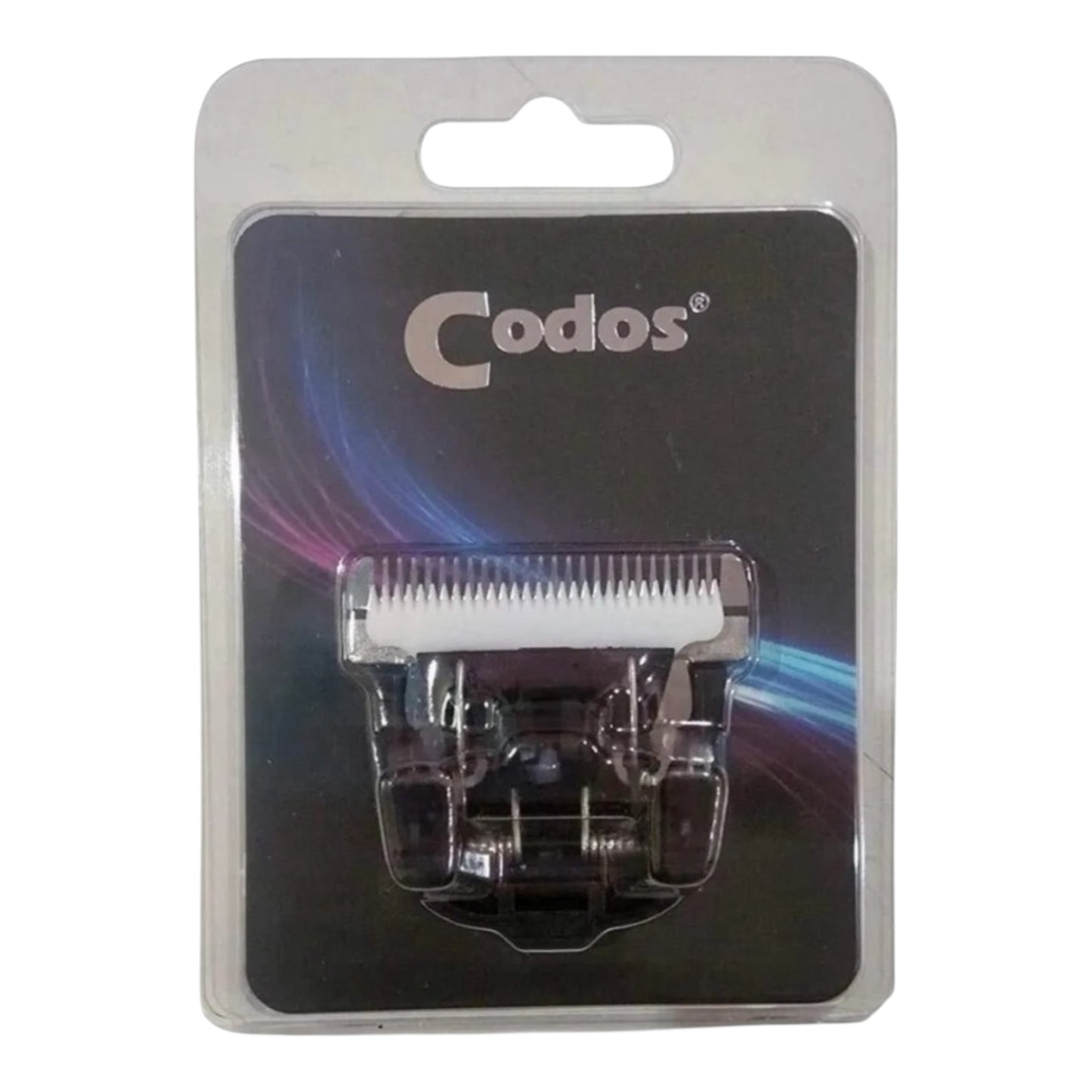 The Codos Pet Trimmer Replacement Blade is packaged on a black card with colorful light streaks and enclosed in a clear plastic blister pack.