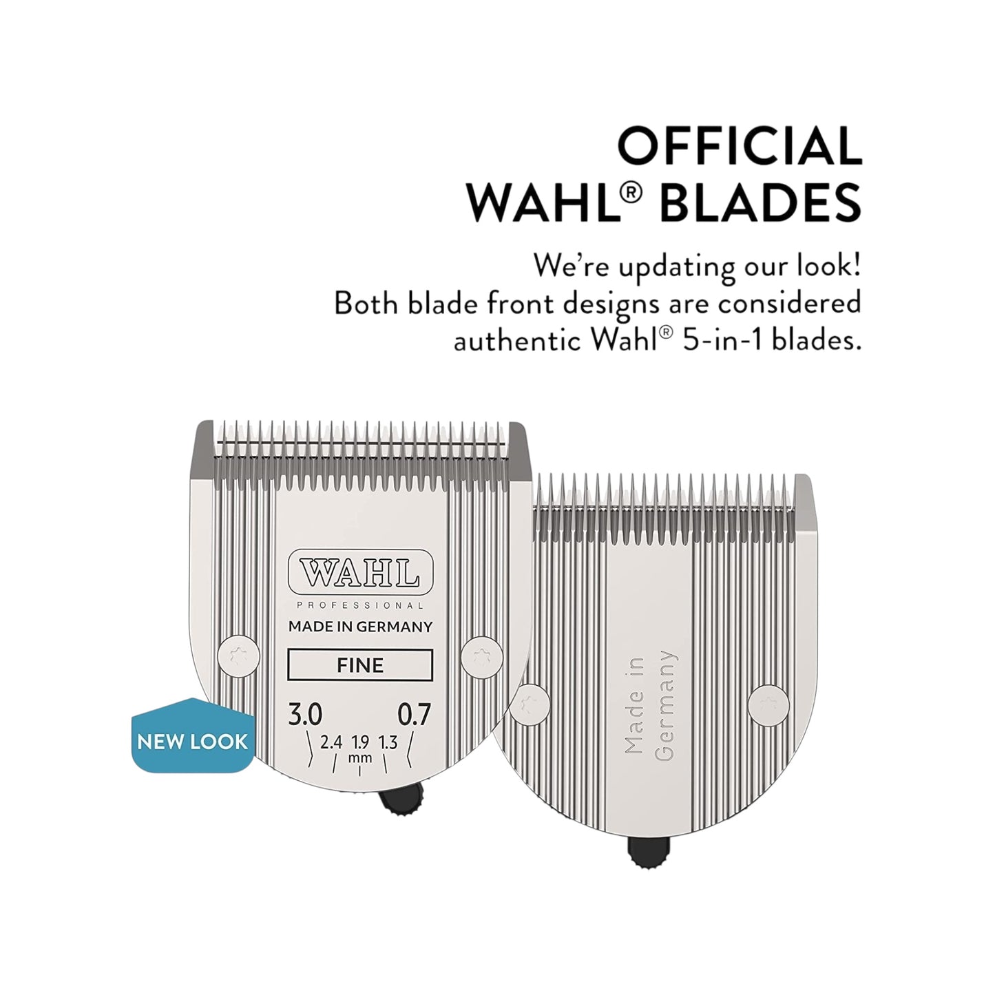 Two Wahl 5 in 1 Adjustable Blade Set - FINE blades are shown side by side with “OFFICIAL WAHL BLADES.” Both feature authentic 5-in-1 designs. A blue label says “NEW LOOK.”.