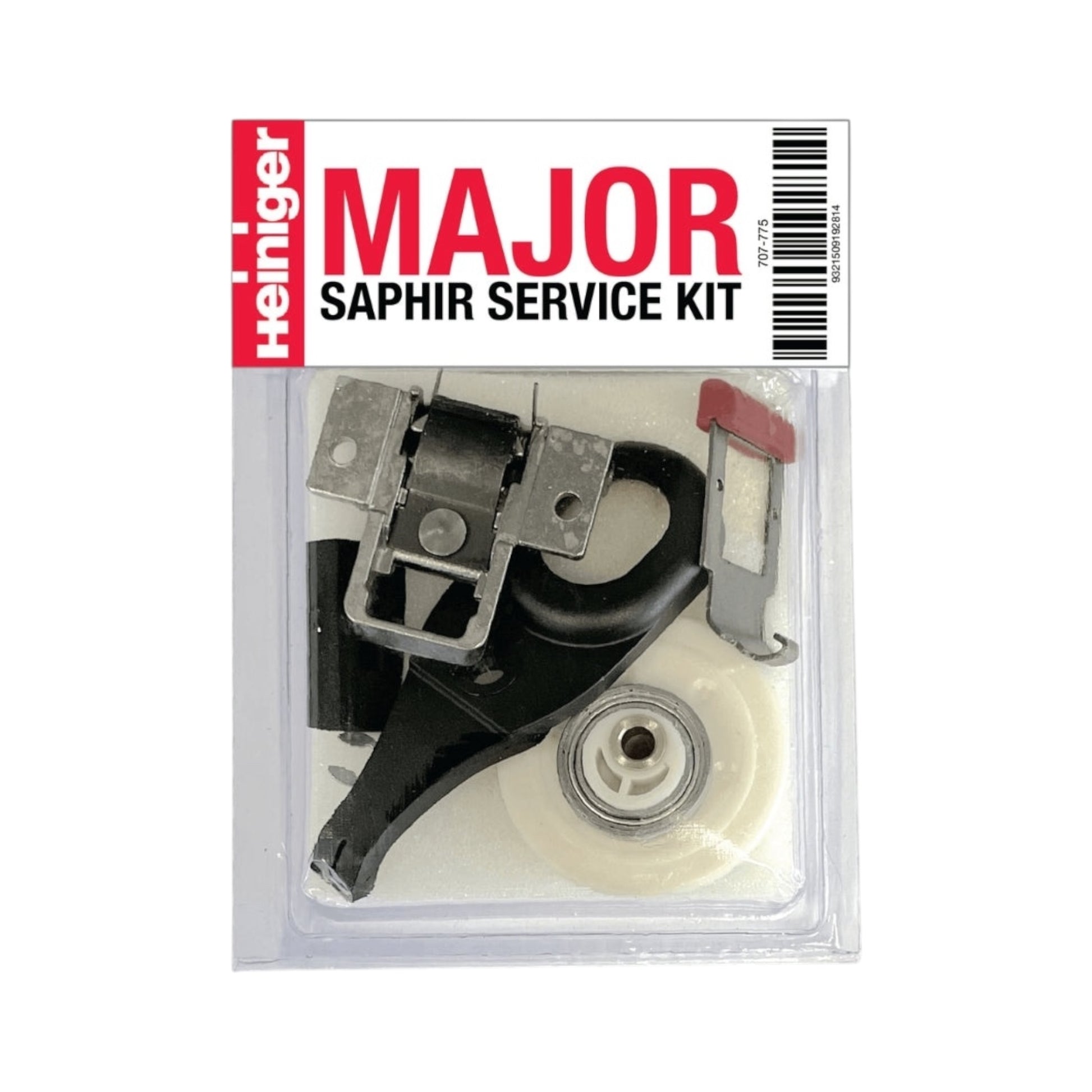 Heiniger Saphir Major Service Kit in clear packaging includes black and metal clipper parts, a white plastic component, and a branded top label with product details. Ideal for clipper maintenance. Compatible with Oster Pro 3000ii.