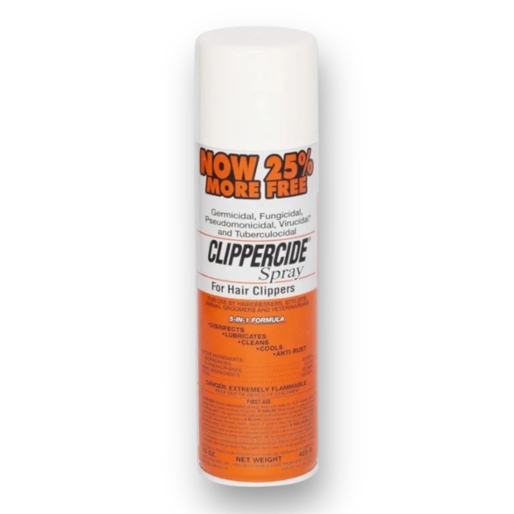 A white and orange aerosol can of Clippercide blade spray for hair clippers, featuring "NOW 25% MORE FREE" and highlighting its powerful 5-in-1 disinfectant action for germicidal, fungicidal, and virucidal protection.