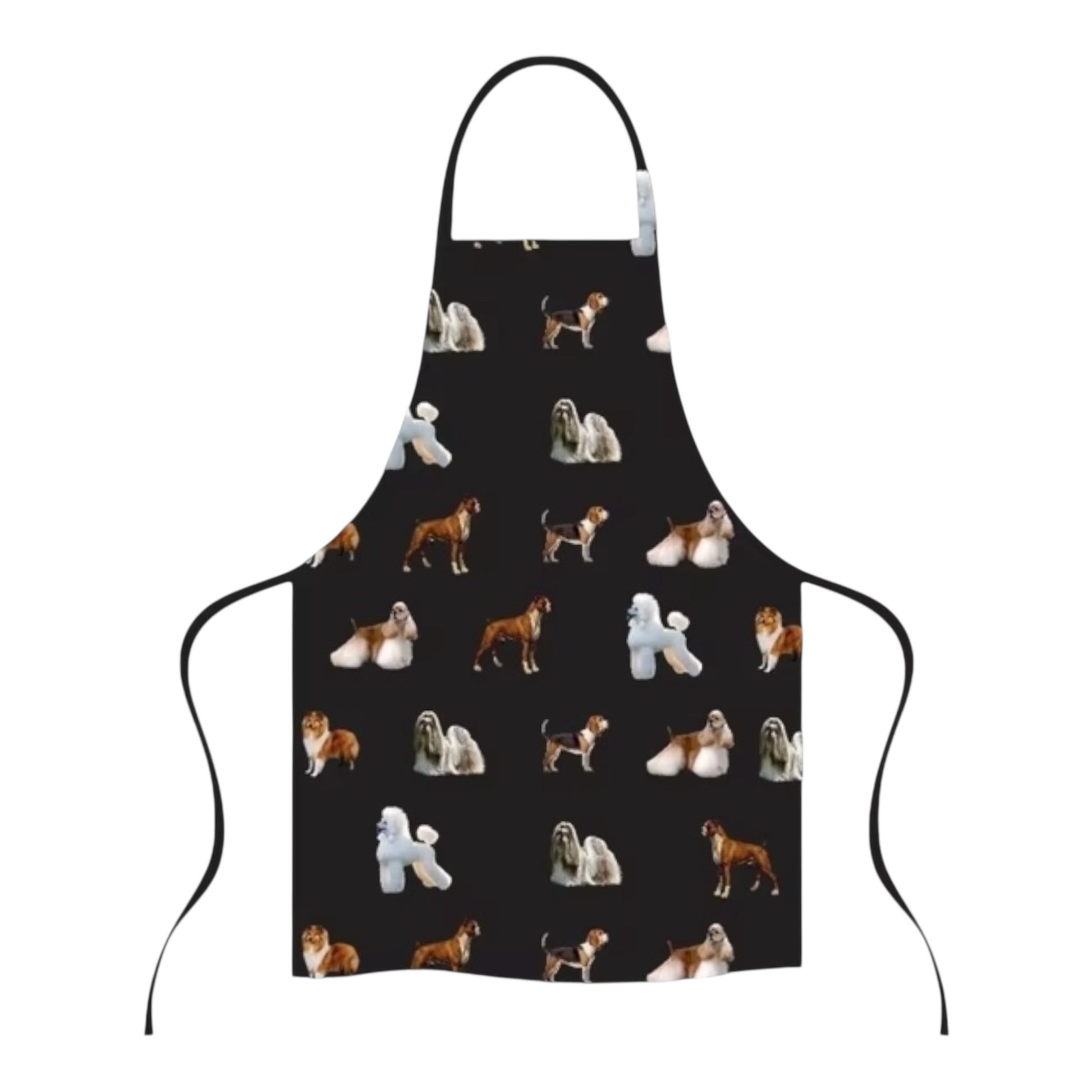 The Pet Grooming Apron with Dogs - Black is a water resistant apron featuring a repeating pattern of poodles, bulldogs, collies, and basset hounds—perfect as a stylish dog grooming accessory.