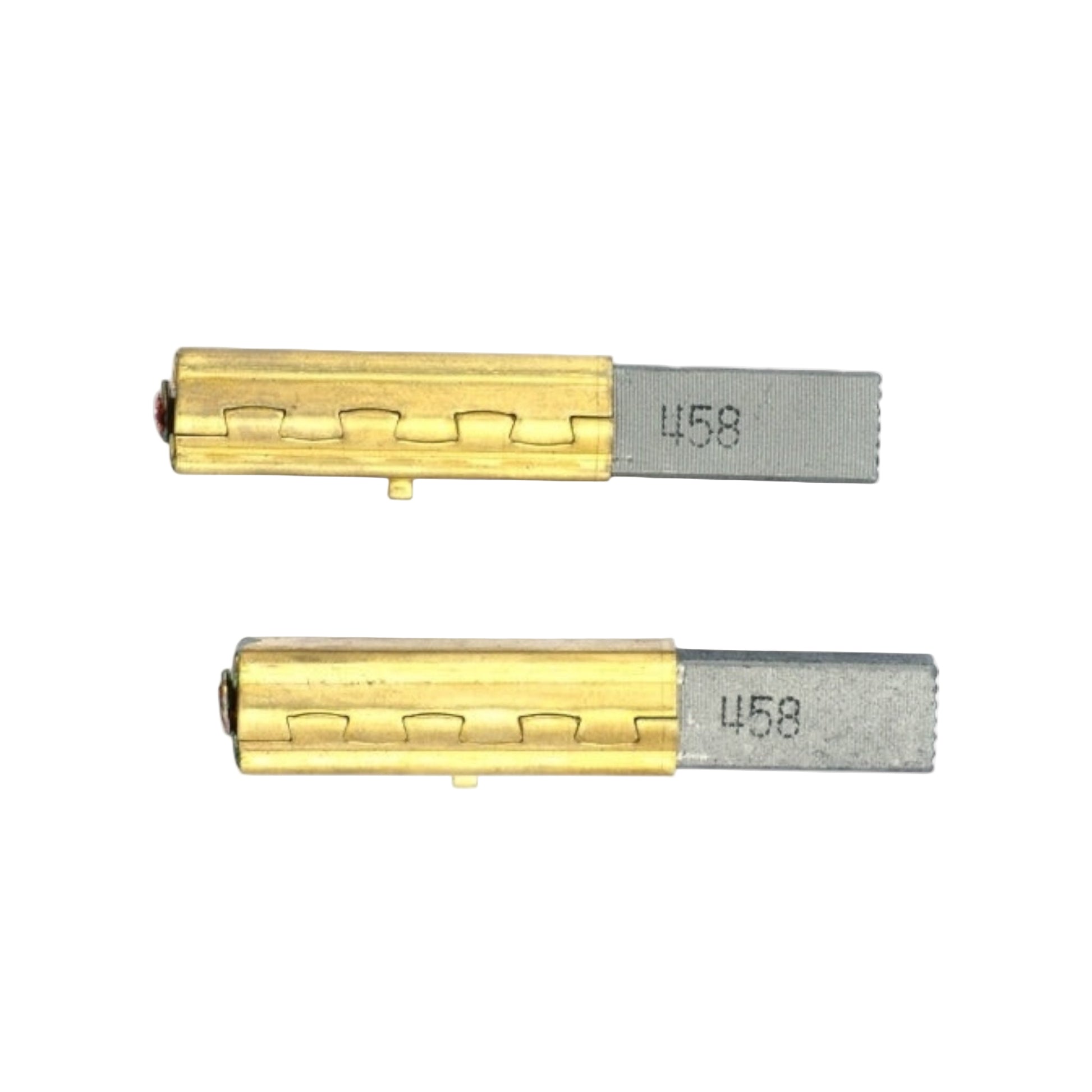 Two Double K Carbon Brush 2 pack items with gold cylindrical bodies and silver rectangular ends, each labeled 458, are positioned parallel on a white background. Suitable for 230v-AirMax applications.