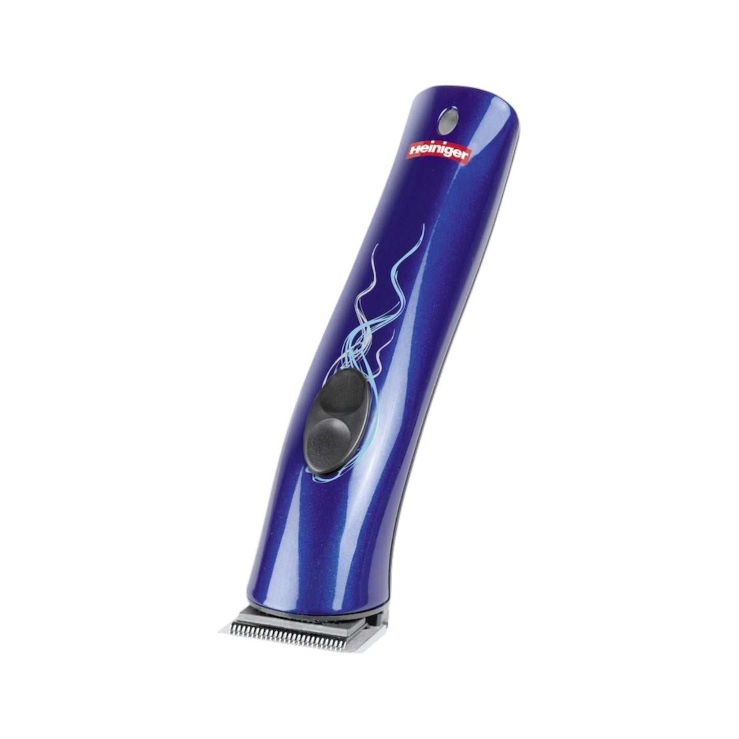 The Heiniger Mini Trimmer Replacement Blade set features a 30mm silver blade with a decorative swirl design, blue body, black on/off switch, and is ideal for small breeds. The product is displayed on a white background.