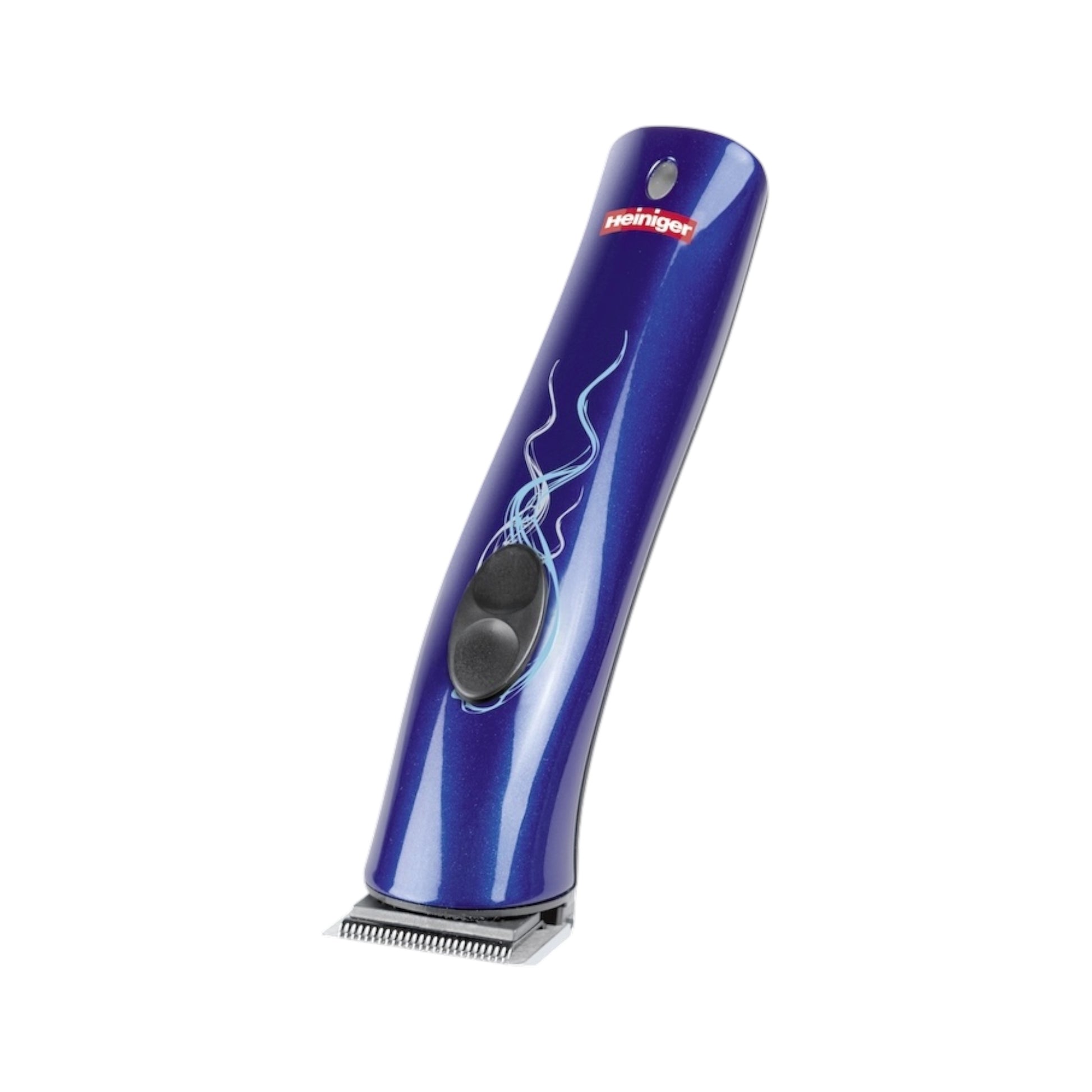 The Heiniger Mini Trimmer Replacement Blade set features a 30mm silver blade with a decorative swirl design, blue body, black on/off switch, and is ideal for small breeds. The product is displayed on a white background.