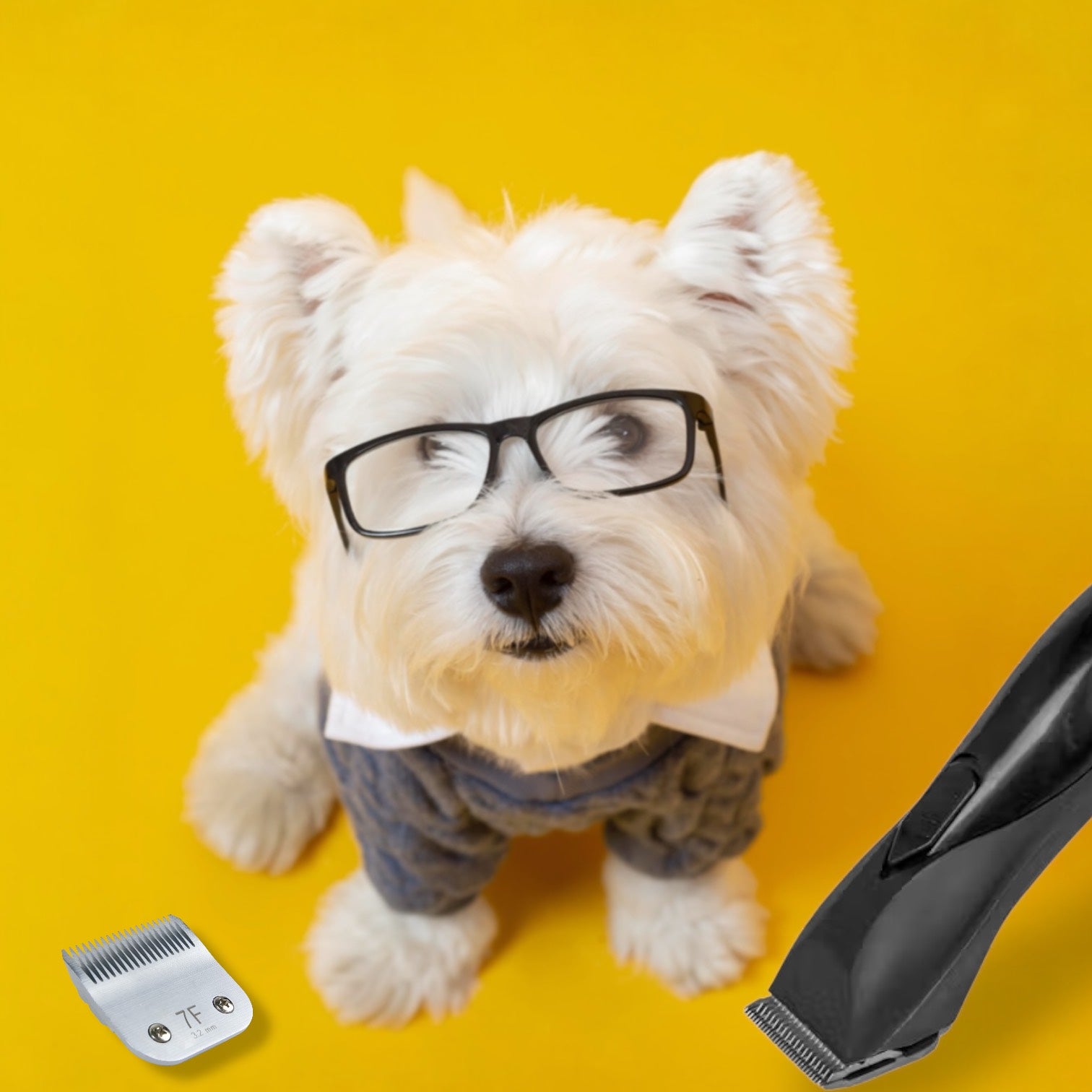 Dog wearing glasses with a hair clipper on a yellow background