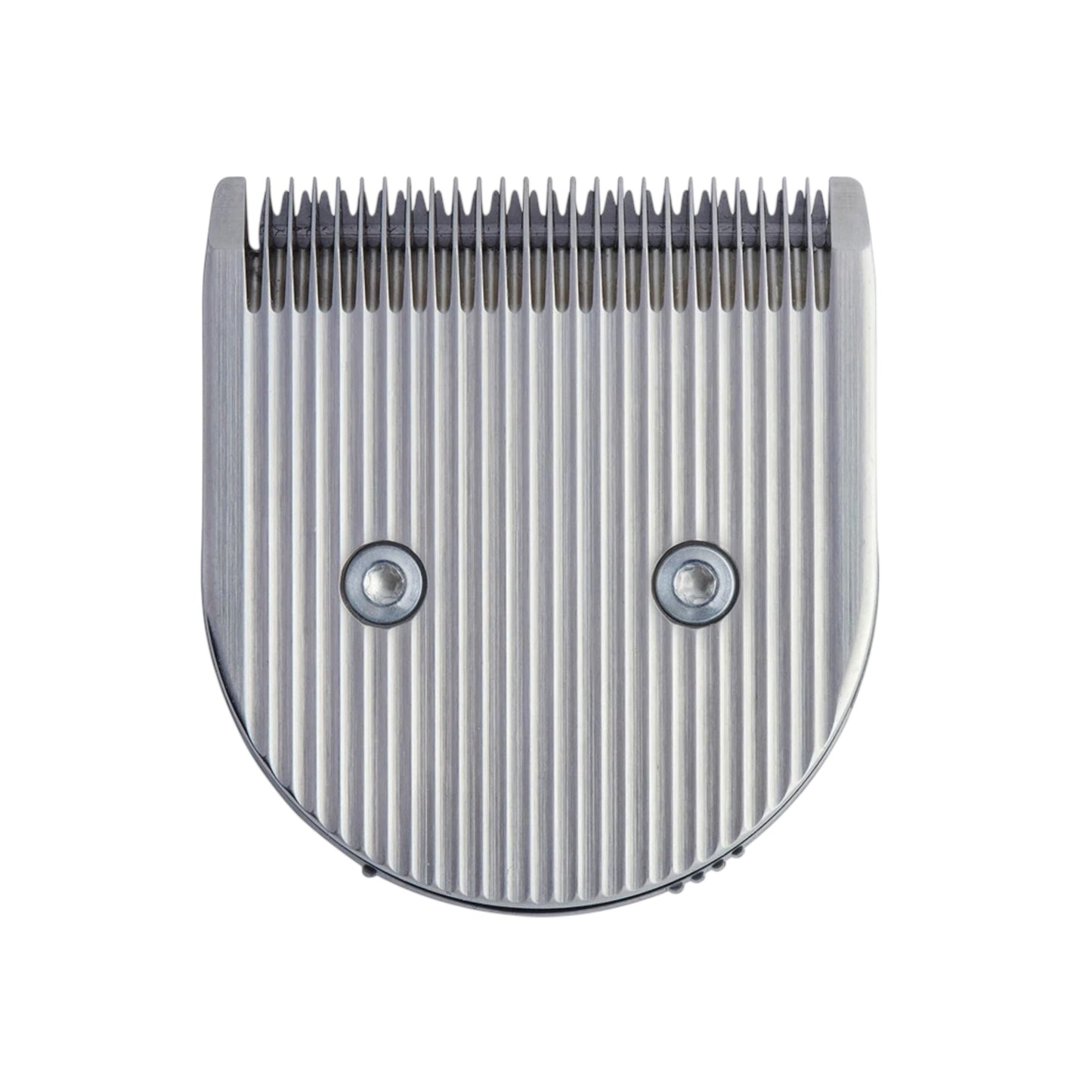 Close-up of the Heiniger Midi Trimmer Replacement Blade set, an adjustable 46mm blade with fine, aligned teeth and two screws, designed for precise trimming, shown against a white background.