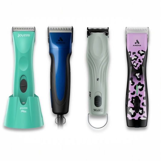 Four Clipper Servicing electric pet grooming clippers are shown in teal, blue and black, light gray, and pink with purple camo. Each has a unique shape and button design for simple, efficient maintenance.