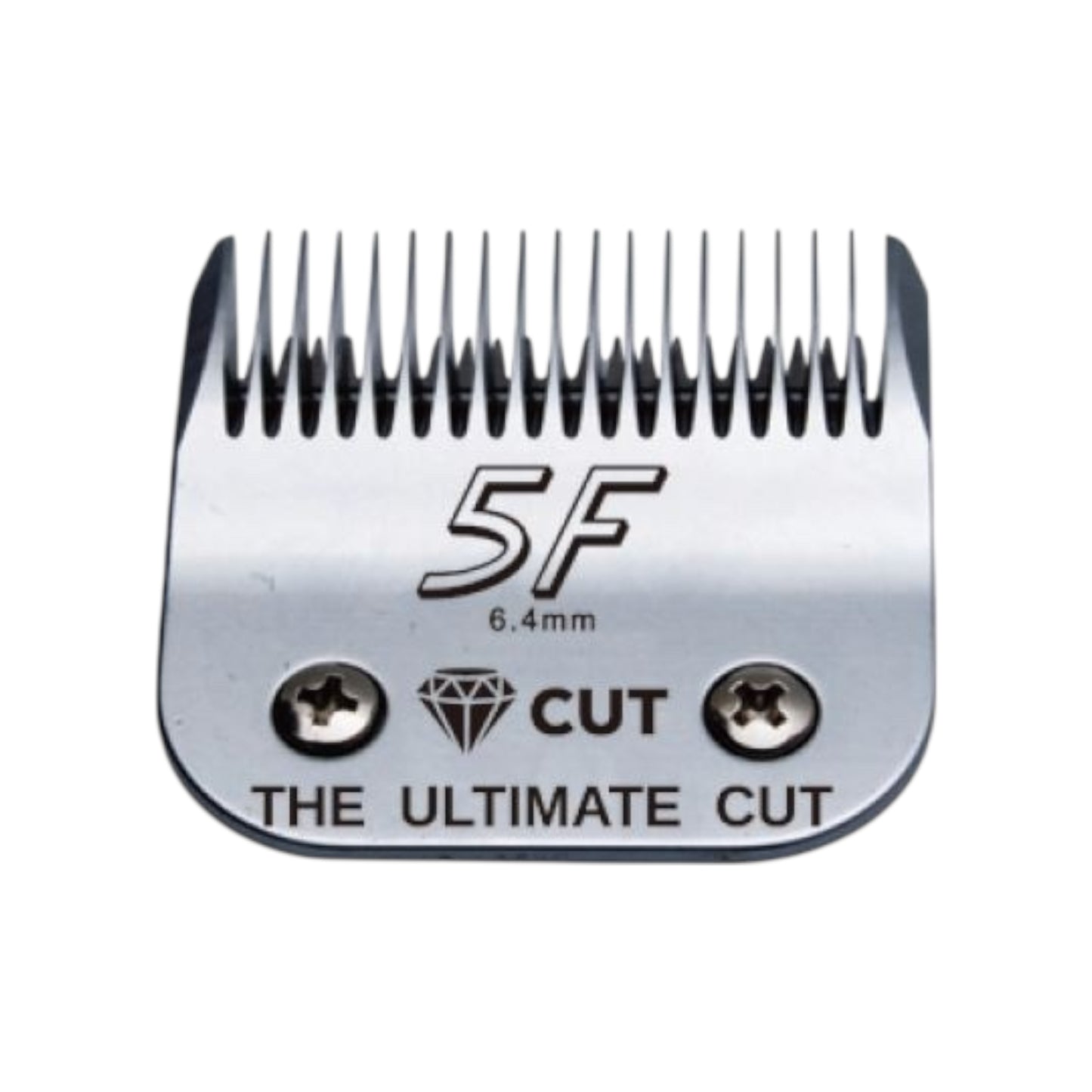 Close-up of the Diamond Cut #5F A5 Clipper Blade, size 6.4mm, made from high carbon steel with diamond and CUT symbols and "THE ULTIMATE CUT" engraved at the bottom.