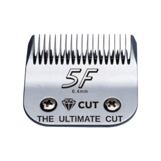 Close-up of the Diamond Cut #5F A5 Clipper Blade, size 6.4mm, made from high carbon steel with diamond and CUT symbols and "THE ULTIMATE CUT" engraved at the bottom.