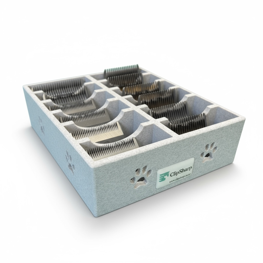 The Clip Sharp Wide Blade Tray is a light gray, textured organizer with multiple compartments for metal clipper blades, paw print cutouts on the sides, and a Clip Sharp label—perfect for keeping your tools neatly arranged.