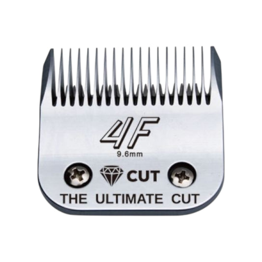 The Diamond Cut #4F A5 Clipper Blade (9.6mm) features high carbon steel for lasting sharpness, two screws, a diamond icon, and “CUT THE ULTIMATE CUT” engraving—ideal for professional clipper blades.