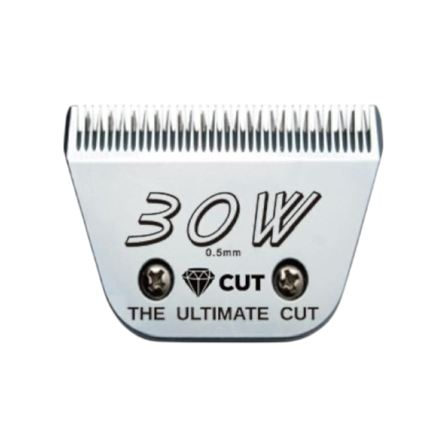 Diamond Cut #30 Wide A5 Clipper Blade Size 0.5mm, made from high carbon steel with two visible screws and a diamond icon, labeled 30W CUT 0.5mm THE ULTIMATE CUT, isolated on white background.