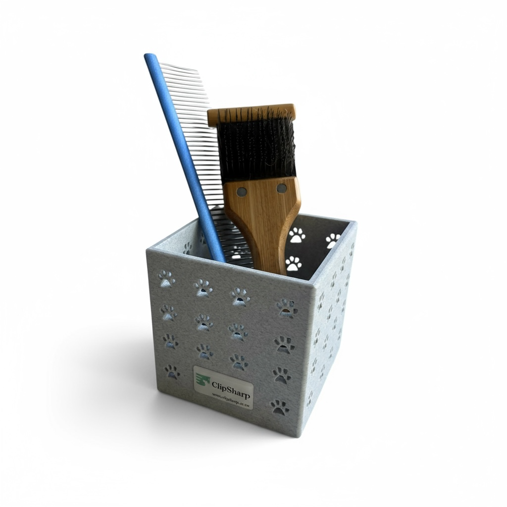 The Clip Sharp Small Storage Caddy, featuring a gray paw-print design, holds a blue comb and a wooden brush with black bristles. The caddy is labeled "ClipSharp" and set against a plain white background.