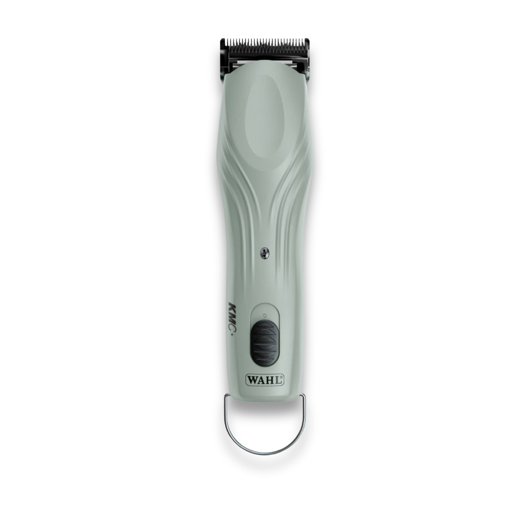 The Clipper Servicing features a cordless Wahl hair trimmer with a light gray ergonomic handle, black power switch, and metal loop—perfect for easy clipper maintenance. Displayed on a white background.
