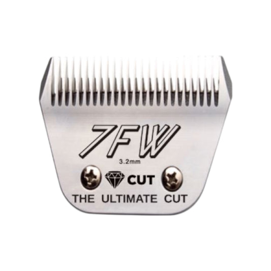 The Diamond Cut #7F Wide A5 Clipper Blade, size 3.2mm, features sharp, evenly spaced high carbon steel teeth and has a diamond symbol plus “CUT” and “THE ULTIMATE CUT” engraved on the front.