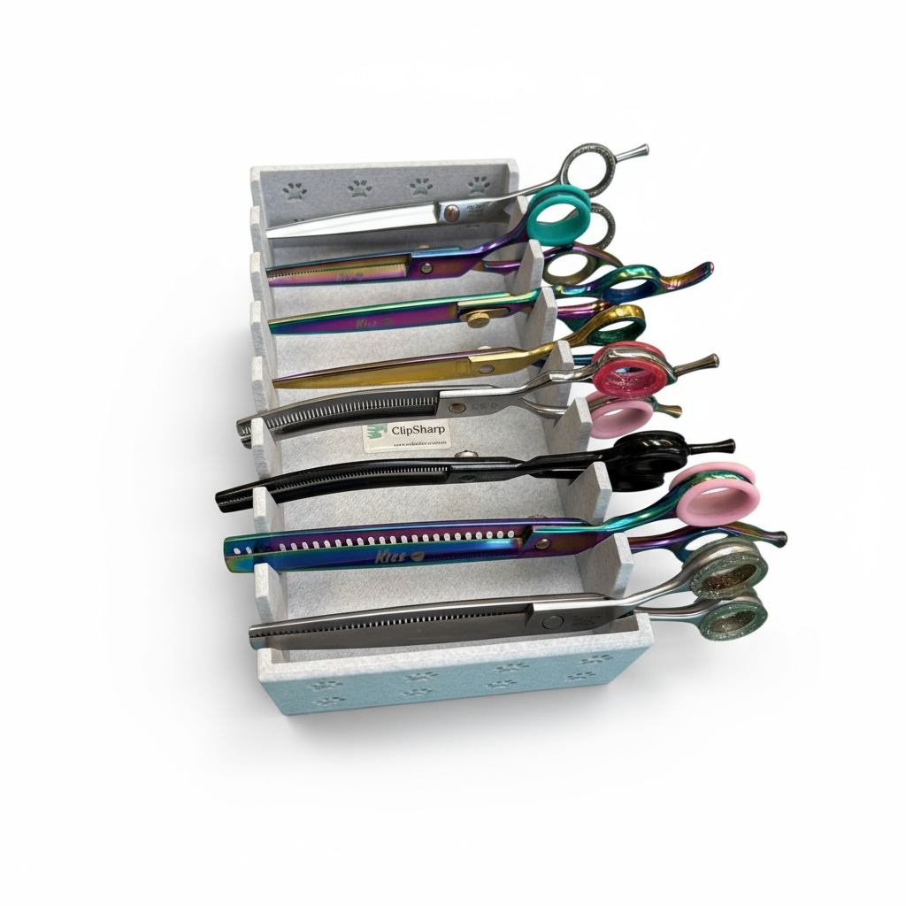 The Clip Sharp Scissor Tray, a white paw-print decorated 3D printed organizer, holds five pairs of colorful grooming scissors and shears in individual slots, neatly arranged on a white background.