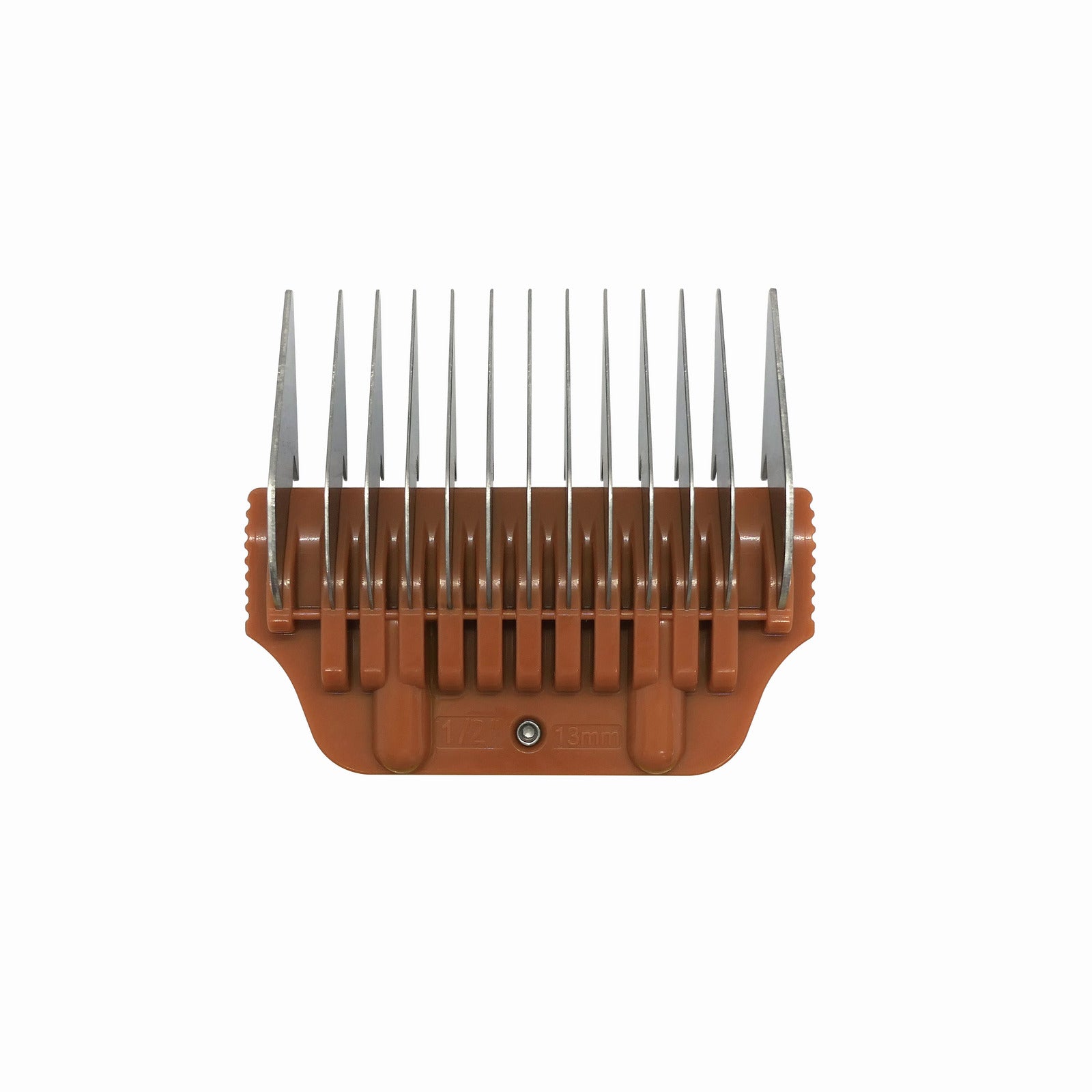 The Diamond Cut - Wide Blade Attachment Comb 13mm (1/2") is shown upright on a white background, featuring a brown plastic body and stainless steel teeth arranged evenly and pointing upward.